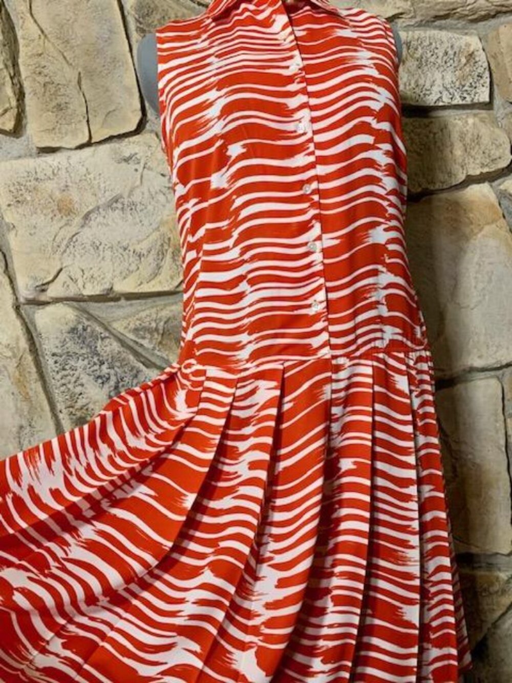 CAbi Brushstroke Dress 281 Red White Drop Waist Pleated Midi Sleeveless NWT